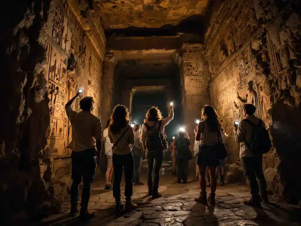 Visitors exploring ancient cave with illuminated carvings.
