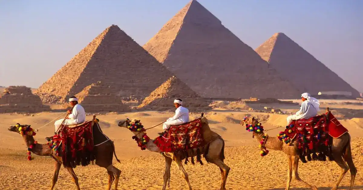 A traveler enjoying camel riding in front of the Great Pyramids of Giza.