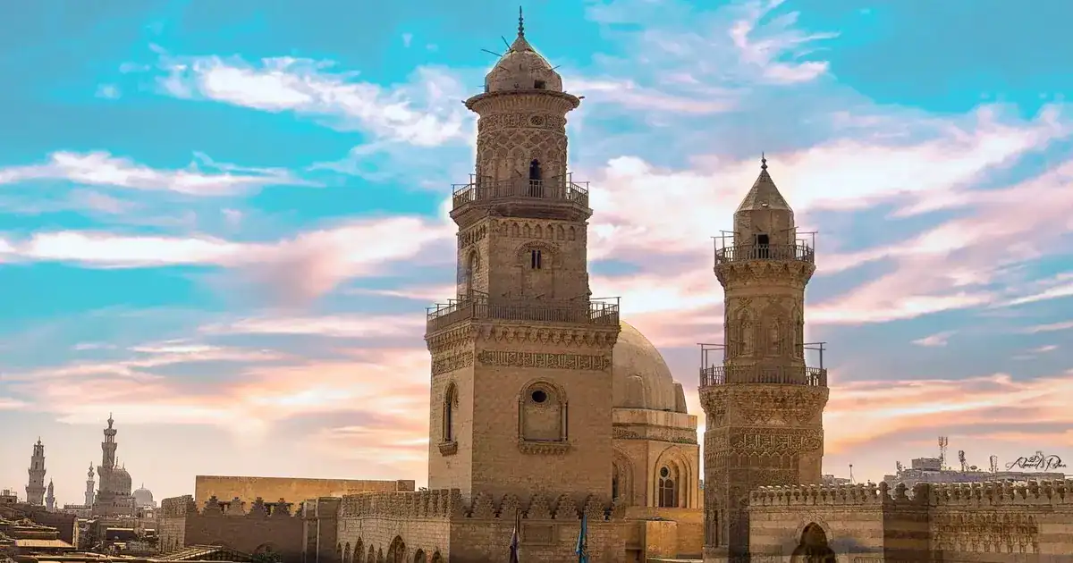 Ahmad Ibn Tulun Mosque courtyard and spiral minaret in Cairo