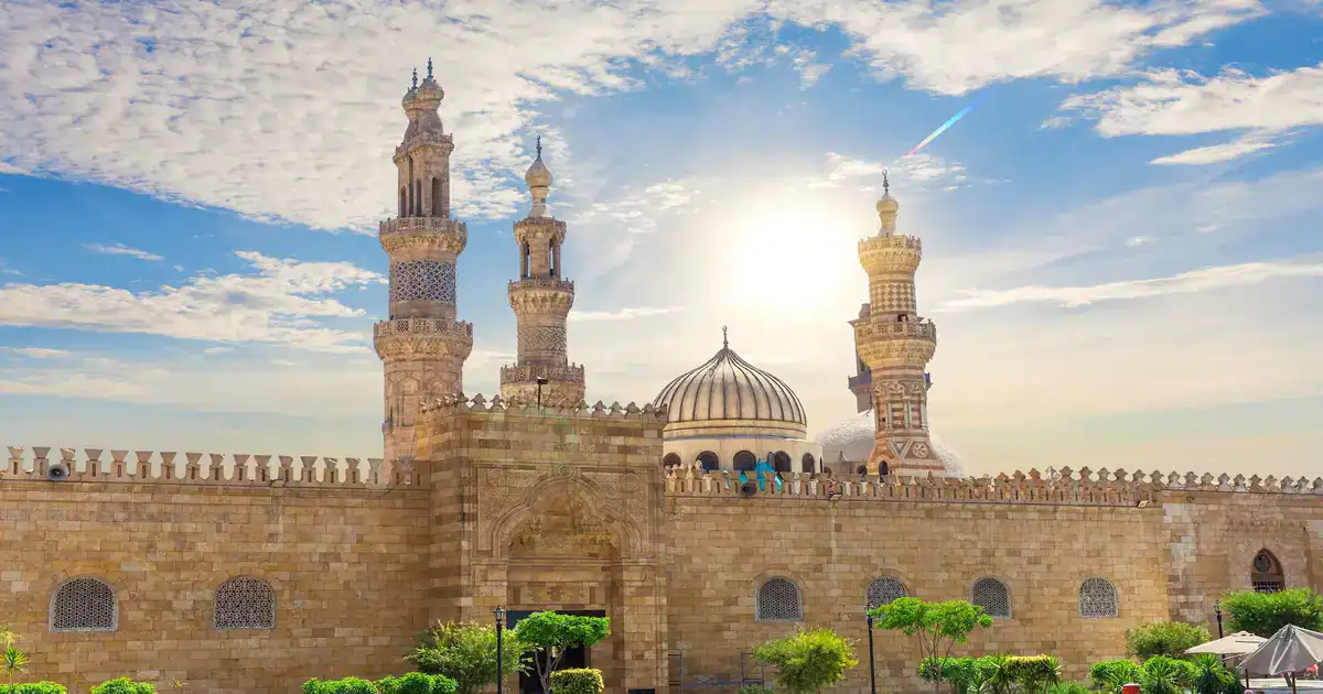 Al Azhar Mosque Cairo courtyard and minarets at sunset