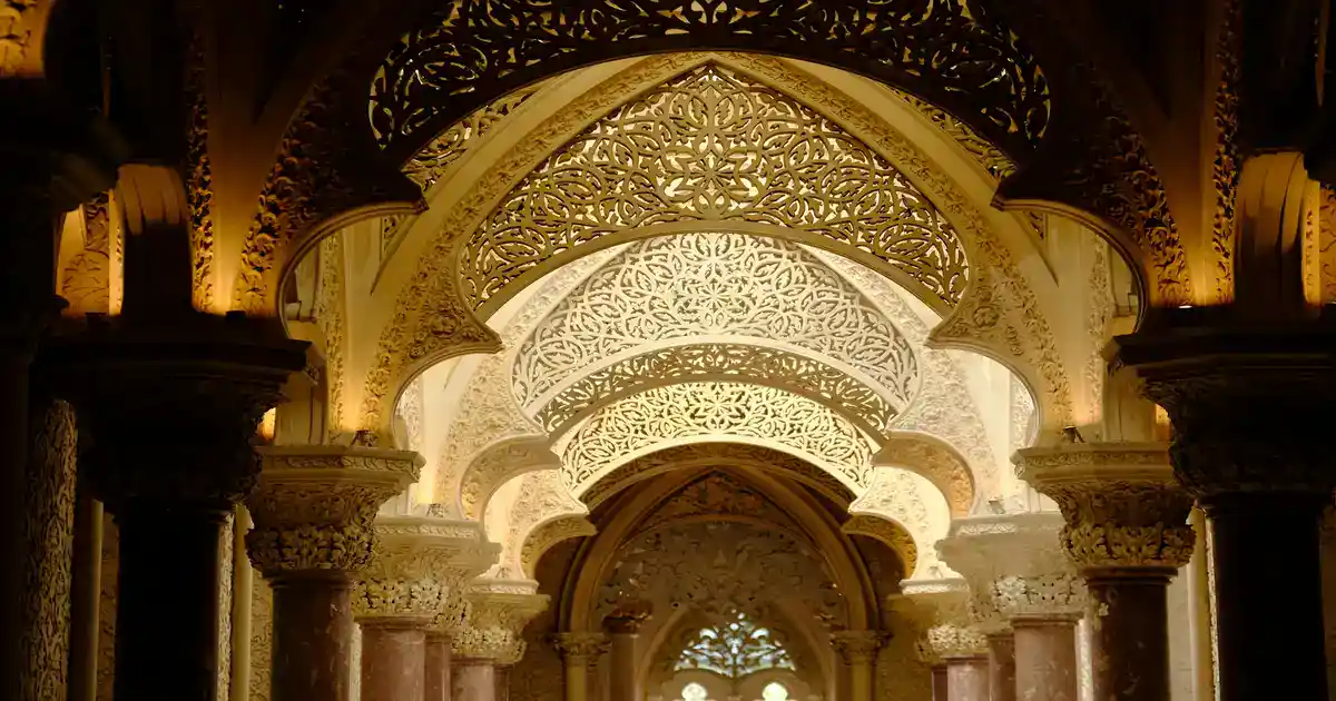 Al Azhar Mosque Cairo courtyard and minarets at sunset