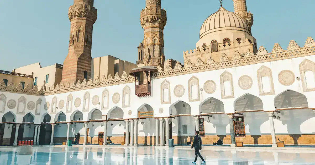 Al Azhar Mosque Cairo courtyard and minarets at sunset